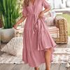 81XlBRj0z3L.jpg Women Summer Dresses Short Sleeves V Neck Button Drawstring Maxi Dresses Solid Color Boho Long Dresses