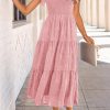 Women's Floral Midi Dress 2025 Summer Cap Sleeve Smocked Ruffle A Line Long Flowy Wedding Guest Dresses