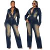 Long Sleeve Denim Jumpsuit for Women Straight Leg Washed Stretch Jean Jumpsuit with Belt Loose Fit Rompers Casual