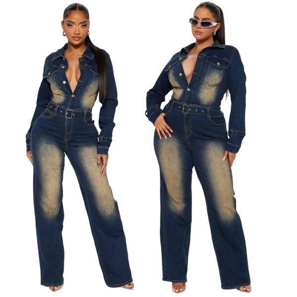 Long Sleeve Denim Jumpsuit for Women Straight Leg Washed Stretch Jean Jumpsuit with Belt Loose Fit Rompers Casual