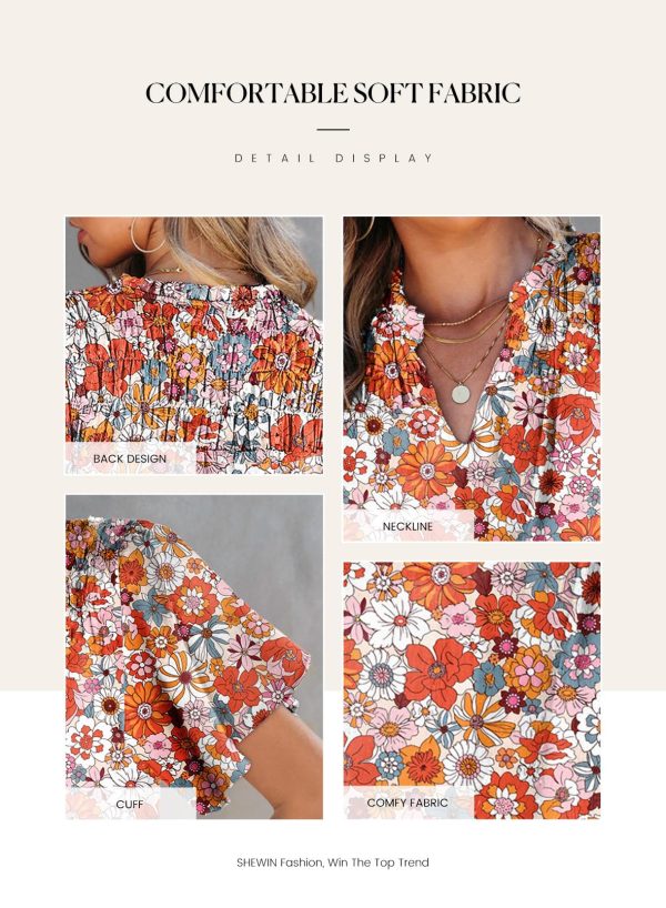 Women's Casual V Neck Floral Print Smocked Short Sleeve Chiffon Blouses Bohemian Top Shirts