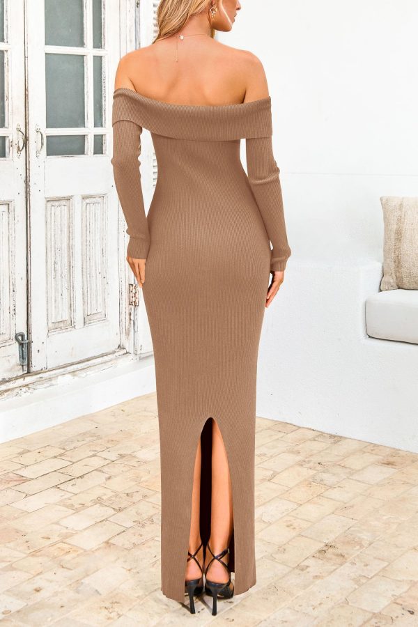 Women's Winter Sweater Dress Long Sleeve Off Shoulder Slit Maxi Bodycon Cocktail Party Dresses