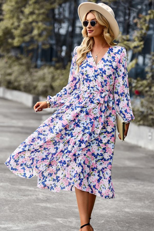 Women's Floral Print Boho Dress Long Sleeve Wrap V Neck Ruffle Belted A-Line Flowy Maxi Dresses
