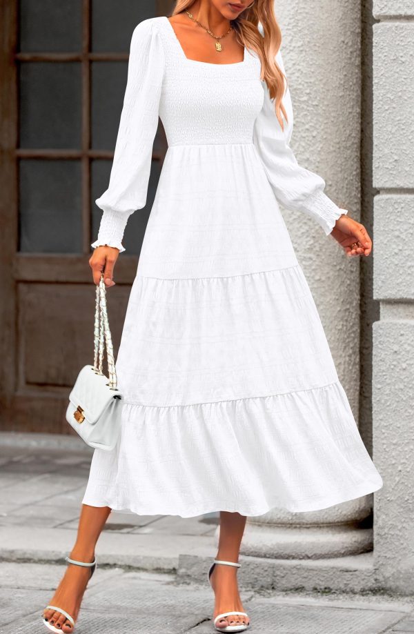 Women Spring Wedding Guest Maxi Dress Elegant Puff Long Sleeve Summer Smocked Empire Waist Swing Flowy Long Dresses