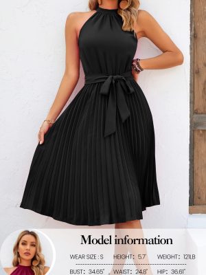 Women's 2025 Summer Sleeveless Halter Neck Pleated Midi Cocktail Dresses A Line Flowy Beach Sun Dress with Belt
