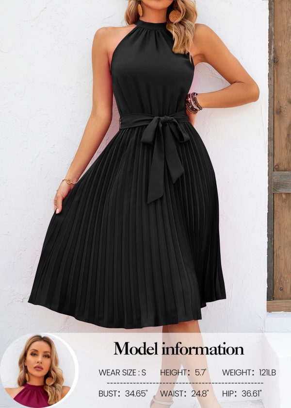 Women's 2025 Summer Sleeveless Halter Neck Pleated Midi Cocktail Dresses A Line Flowy Beach Sun Dress with Belt
