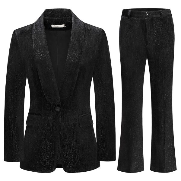 Women Pantsuit Dressy Silver Thread Velvet 2 Piece Suit Set Blazer and Flared Pants