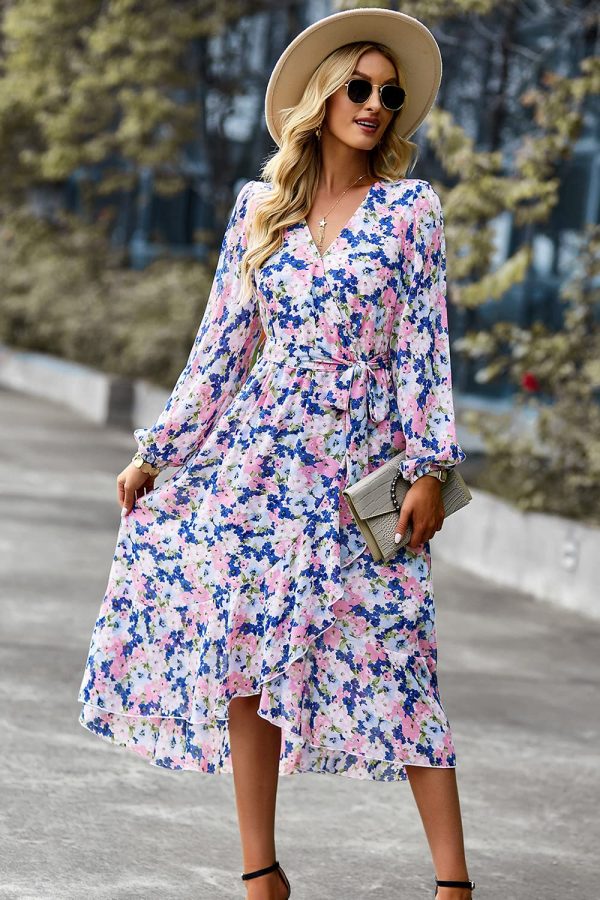 Women's Floral Print Boho Dress Long Sleeve Wrap V Neck Ruffle Belted A-Line Flowy Maxi Dresses