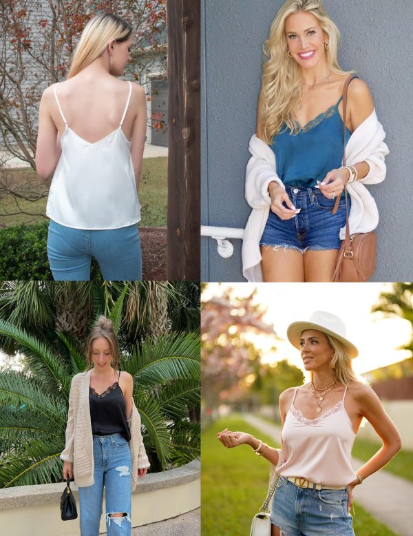 Women's 2 PCS Cami Top Satin Tank Top Adjustable Spaghetti Strap Camisole