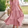 81jOJg7EehL.jpg Women Summer Dresses Short Sleeves V Neck Button Drawstring Maxi Dresses Solid Color Boho Long Dresses