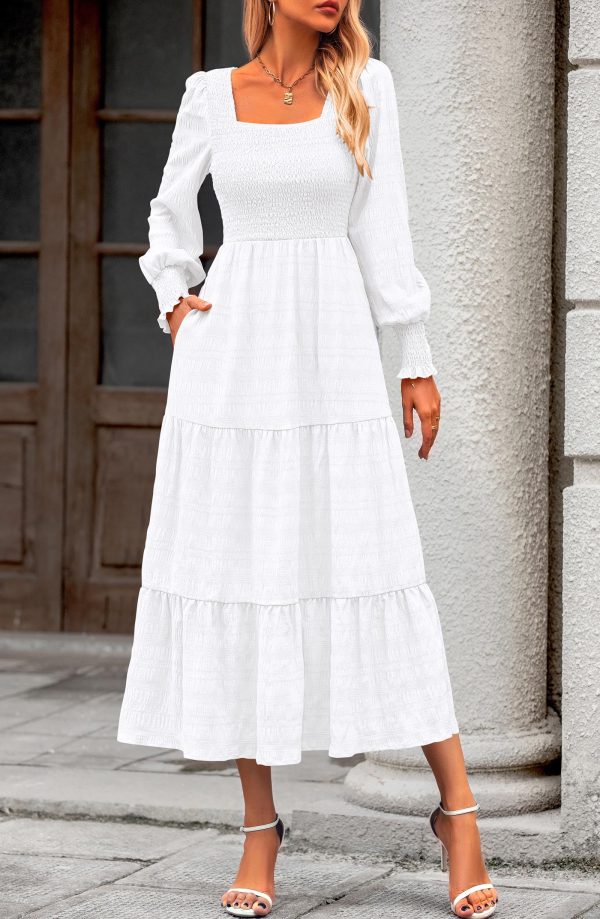 Women Spring Wedding Guest Maxi Dress Elegant Puff Long Sleeve Summer Smocked Empire Waist Swing Flowy Long Dresses