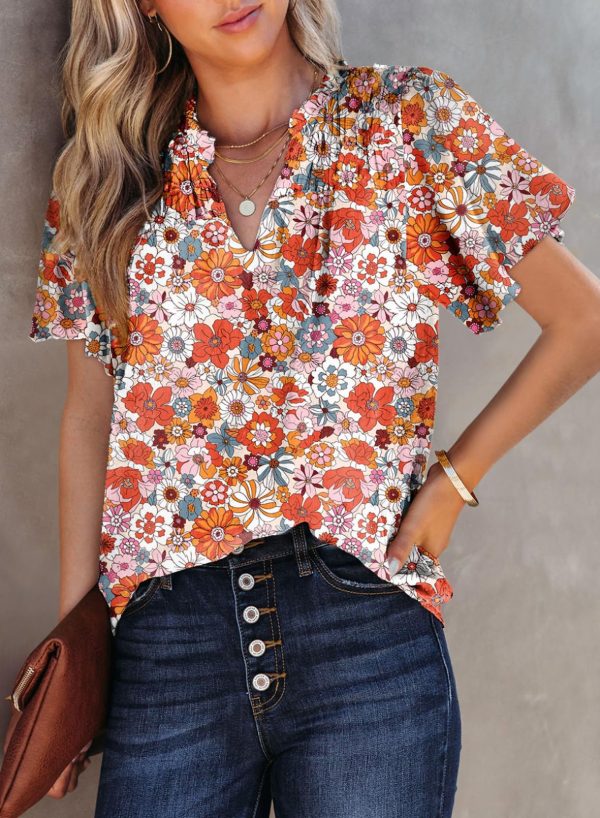 Women's Casual V Neck Floral Print Smocked Short Sleeve Chiffon Blouses Bohemian Top Shirts
