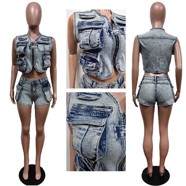 Denim Outfits for Women's 2 Piece Sets Summer Party & Club Cargo Vest Top and Stretchy Jean Shorts Sets 2025