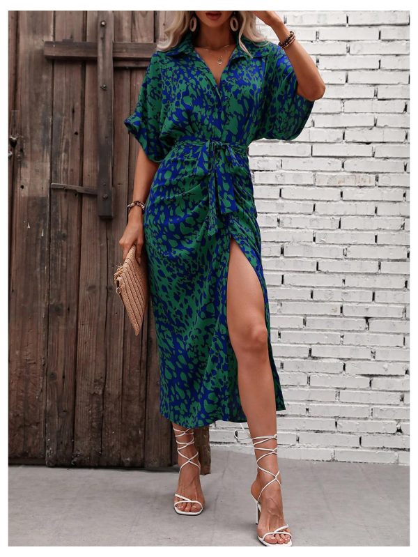 Women's High Waist Belted Shirt Dress High Split Printed Collar Neck Short Sleeve Midi Dress