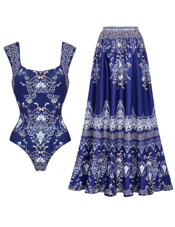 Women's One Piece Royal Blue Baroque Print Bathhing Suits Swimsuit and Skirt