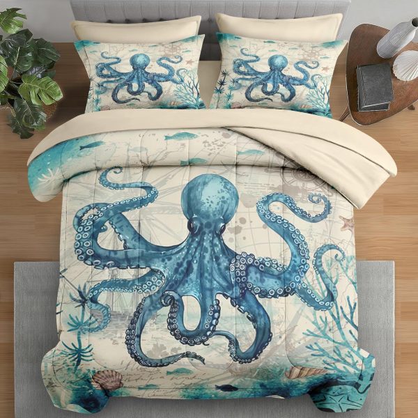 Comforter Set Queen Size, Octopus Beach 7 Pcs Bedding for Kids and Adults, Summer Sea Animal Bed Sheet Sets with Fitted Sheet 2