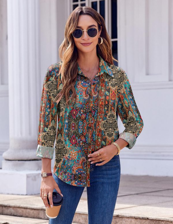 Button Down Shirts for Women Dressy Floral Printed Long Sleeve Blouse Business Casual Work Tops