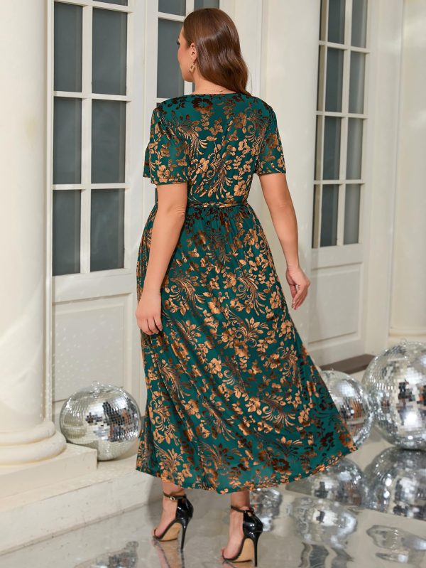 Women's Velvet V Neck Wrap Semi Formal Dress Cocktail Party Maxi Dress for Wedding Guest