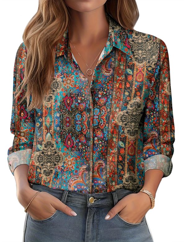Button Down Shirts for Women Dressy Floral Printed Long Sleeve Blouse Business Casual Work Tops