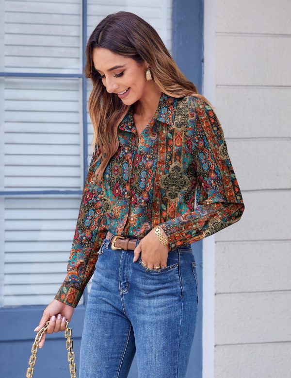 Button Down Shirts for Women Dressy Floral Printed Long Sleeve Blouse Business Casual Work Tops